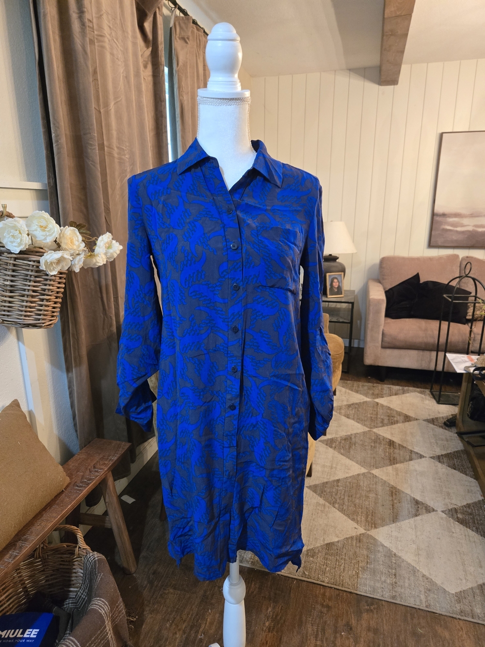Diane Von Furstenberg Blue Printed Long-Sleeve Shirt Dress